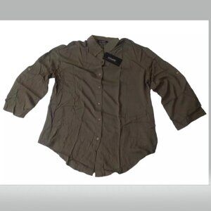 Women's Roll Tab Button-Down Olive Green Blouse Loose Tops 100% Rayon Top - XL